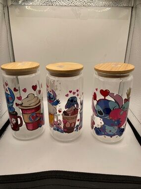 Hand Crafted Blue Stitch Valentine Glass Canisters with Bamboo Lids